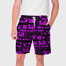 Мужские шорты 3D с принтом Bon Jovi neon pink rock в Санкт-Петербурге,  полиэстер 100% | прямой крой, два кармана без застежек по бокам. Мягкая трикотажная резинка на поясе, внутри которой широкие завязки. Длина чуть выше колен | 