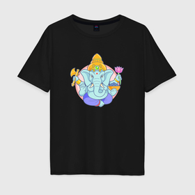Мужская футболка хлопок Oversize с принтом Индийский бог слон Ганеша в Екатеринбурге, 100% хлопок | свободный крой, круглый ворот, “спинка” длиннее передней части | Тематика изображения на принте: 