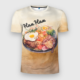 Мужская футболка 3D Slim с принтом Вкусный ужин с яишницой и беконом в Петрозаводске, 100% полиэстер с улучшенными характеристиками | приталенный силуэт, круглая горловина, широкие плечи, сужается к линии бедра | Тематика изображения на принте: 
