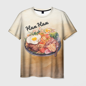 Мужская футболка 3D с принтом Вкусный ужин с яишницой и беконом в Петрозаводске, 100% полиэфир | прямой крой, круглый вырез горловины, длина до линии бедер | 