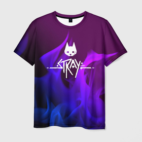 Мужская футболка 3D с принтом Stray неоновый огонь , 100% полиэфир | прямой крой, круглый вырез горловины, длина до линии бедер | 