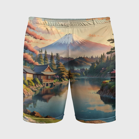 Мужские шорты спортивные с принтом Спокойный рассвет над японским горизонтом в Екатеринбурге,  |  | Тематика изображения на принте: 