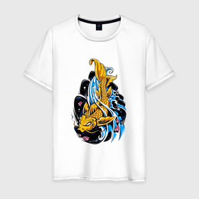 Мужская футболка хлопок с принтом Японская рыба , 100% хлопок | прямой крой, круглый вырез горловины, длина до линии бедер, слегка спущенное плечо. | 