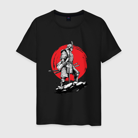 Мужская футболка хлопок с принтом Japanese samurai on red circle в Новосибирске, 100% хлопок | прямой крой, круглый вырез горловины, длина до линии бедер, слегка спущенное плечо. | 