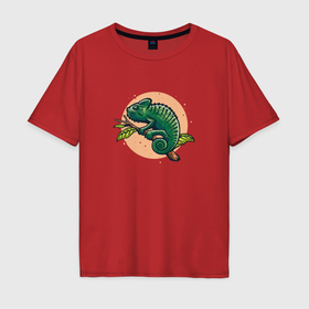 Мужская футболка хлопок Oversize с принтом Зеленый хамелеон на ветке в Кировске, 100% хлопок | свободный крой, круглый ворот, “спинка” длиннее передней части | Тематика изображения на принте: 