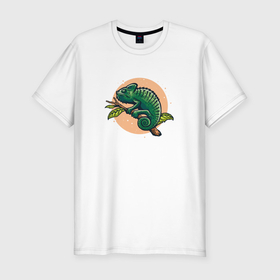 Мужская футболка хлопок Slim с принтом Зеленый хамелеон на ветке в Кировске, 92% хлопок, 8% лайкра | приталенный силуэт, круглый вырез ворота, длина до линии бедра, короткий рукав | Тематика изображения на принте: 