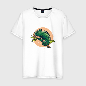 Мужская футболка хлопок с принтом Зеленый хамелеон на ветке в Екатеринбурге, 100% хлопок | прямой крой, круглый вырез горловины, длина до линии бедер, слегка спущенное плечо. | Тематика изображения на принте: 