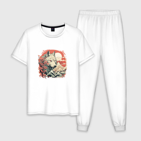 Мужская пижама хлопок с принтом Белый волк на фоне заката в Курске, 100% хлопок | брюки и футболка прямого кроя, без карманов, на брюках мягкая резинка на поясе и по низу штанин
 | 