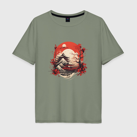 Мужская футболка хлопок Oversize с принтом Японская деревушка в закате , 100% хлопок | свободный крой, круглый ворот, “спинка” длиннее передней части | 