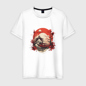 Мужская футболка хлопок с принтом Японская деревушка в закате , 100% хлопок | прямой крой, круглый вырез горловины, длина до линии бедер, слегка спущенное плечо. | 