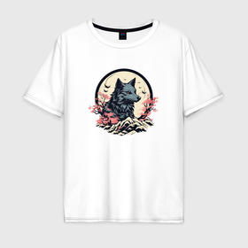 Мужская футболка хлопок Oversize с принтом Черный волк в горах в Курске, 100% хлопок | свободный крой, круглый ворот, “спинка” длиннее передней части | 