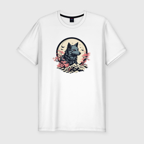 Мужская футболка хлопок Slim с принтом Черный волк в горах в Курске, 92% хлопок, 8% лайкра | приталенный силуэт, круглый вырез ворота, длина до линии бедра, короткий рукав | 