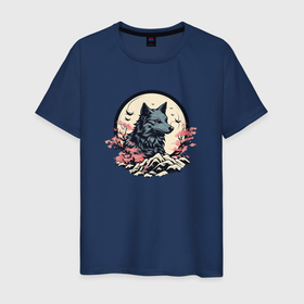 Мужская футболка хлопок с принтом Черный волк в горах в Курске, 100% хлопок | прямой крой, круглый вырез горловины, длина до линии бедер, слегка спущенное плечо. | 