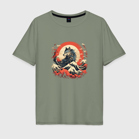 Мужская футболка хлопок Oversize с принтом Японский волк на закате в Санкт-Петербурге, 100% хлопок | свободный крой, круглый ворот, “спинка” длиннее передней части | 