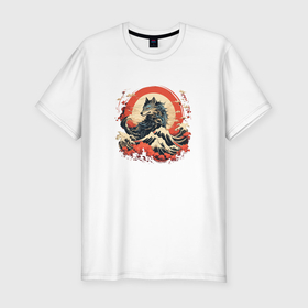 Мужская футболка хлопок Slim с принтом Японский волк на закате в Санкт-Петербурге, 92% хлопок, 8% лайкра | приталенный силуэт, круглый вырез ворота, длина до линии бедра, короткий рукав | Тематика изображения на принте: 