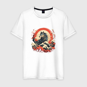 Мужская футболка хлопок с принтом Японский волк на закате в Санкт-Петербурге, 100% хлопок | прямой крой, круглый вырез горловины, длина до линии бедер, слегка спущенное плечо. | Тематика изображения на принте: 