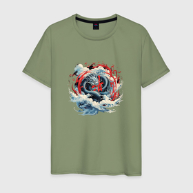 Мужская футболка хлопок с принтом Азиатский дракон на волнах в Белгороде, 100% хлопок | прямой крой, круглый вырез горловины, длина до линии бедер, слегка спущенное плечо. | 