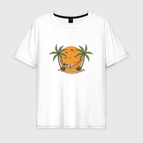 Мужская футболка хлопок Oversize с принтом Девушка в гамаке между пальм в Курске, 100% хлопок | свободный крой, круглый ворот, “спинка” длиннее передней части | 