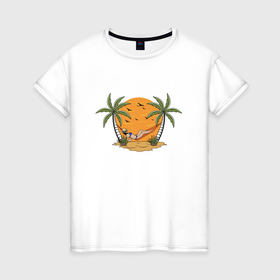Женская футболка хлопок с принтом Девушка в гамаке между пальм в Курске, 100% хлопок | прямой крой, круглый вырез горловины, длина до линии бедер, слегка спущенное плечо | 