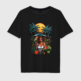 Мужская футболка хлопок Oversize с принтом Девушка и фрукты в Тюмени, 100% хлопок | свободный крой, круглый ворот, “спинка” длиннее передней части | 
