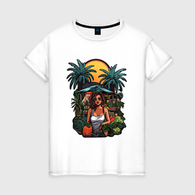 Женская футболка хлопок с принтом Девушка и фрукты в Екатеринбурге, 100% хлопок | прямой крой, круглый вырез горловины, длина до линии бедер, слегка спущенное плечо | 