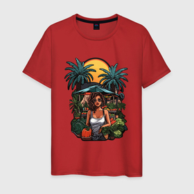 Мужская футболка хлопок с принтом Девушка и фрукты в Тюмени, 100% хлопок | прямой крой, круглый вырез горловины, длина до линии бедер, слегка спущенное плечо. | 