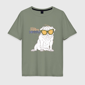 Мужская футболка хлопок Oversize с принтом Собака мопс в очках в Курске, 100% хлопок | свободный крой, круглый ворот, “спинка” длиннее передней части | Тематика изображения на принте: 