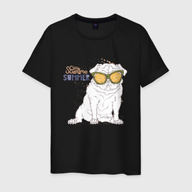 Мужская футболка хлопок с принтом Собака мопс в очках в Тюмени, 100% хлопок | прямой крой, круглый вырез горловины, длина до линии бедер, слегка спущенное плечо. | Тематика изображения на принте: 