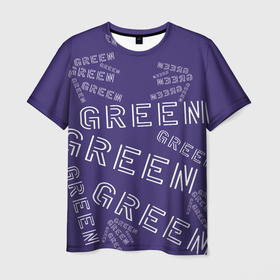 Мужская футболка 3D с принтом Слово green на фиолетовом в Санкт-Петербурге, 100% полиэфир | прямой крой, круглый вырез горловины, длина до линии бедер | 