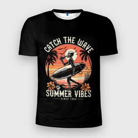 Мужская футболка 3D Slim с принтом Скелет серфингист на пляже в Екатеринбурге, 100% полиэстер с улучшенными характеристиками | приталенный силуэт, круглая горловина, широкие плечи, сужается к линии бедра | Тематика изображения на принте: 