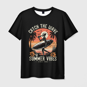 Мужская футболка 3D с принтом Скелет серфингист на пляже , 100% полиэфир | прямой крой, круглый вырез горловины, длина до линии бедер | 
