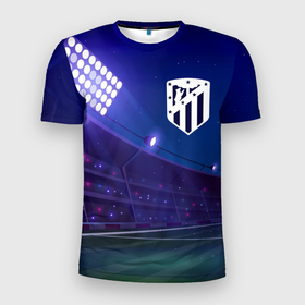 Мужская футболка 3D Slim с принтом Atletico Madrid ночное поле в Белгороде, 100% полиэстер с улучшенными характеристиками | приталенный силуэт, круглая горловина, широкие плечи, сужается к линии бедра | Тематика изображения на принте: 