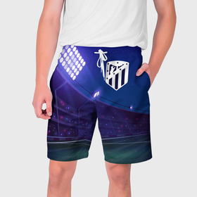 Мужские шорты 3D с принтом Atletico Madrid ночное поле в Екатеринбурге,  полиэстер 100% | прямой крой, два кармана без застежек по бокам. Мягкая трикотажная резинка на поясе, внутри которой широкие завязки. Длина чуть выше колен | Тематика изображения на принте: 