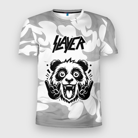 Мужская футболка 3D Slim с принтом Slayer рок панда на светлом фоне , 100% полиэстер с улучшенными характеристиками | приталенный силуэт, круглая горловина, широкие плечи, сужается к линии бедра | 