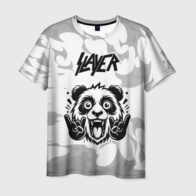 Мужская футболка 3D с принтом Slayer рок панда на светлом фоне в Петрозаводске, 100% полиэфир | прямой крой, круглый вырез горловины, длина до линии бедер | 