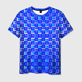 Мужская футболка 3D с принтом Синие квадраты на белом фоне в Екатеринбурге, 100% полиэфир | прямой крой, круглый вырез горловины, длина до линии бедер | 