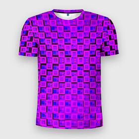Мужская футболка 3D Slim с принтом Фиолетовые квадраты на чёрном фоне в Новосибирске, 100% полиэстер с улучшенными характеристиками | приталенный силуэт, круглая горловина, широкие плечи, сужается к линии бедра | 