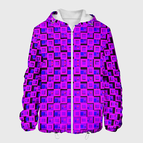 Мужская куртка 3D с принтом Фиолетовые квадраты на чёрном фоне в Новосибирске, ткань верха — 100% полиэстер, подклад — флис | прямой крой, подол и капюшон оформлены резинкой с фиксаторами, два кармана без застежек по бокам, один большой потайной карман на груди. Карман на груди застегивается на липучку | 