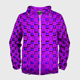 Мужская ветровка 3D с принтом Фиолетовые квадраты на чёрном фоне в Новосибирске, 100% полиэстер | подол и капюшон оформлены резинкой с фиксаторами, два кармана без застежек по бокам, один потайной карман на груди | 