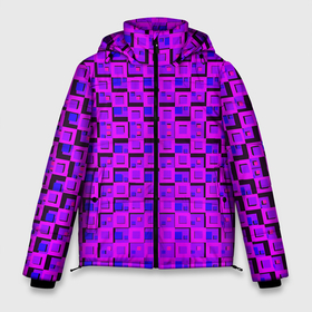 Мужская зимняя куртка 3D с принтом Фиолетовые квадраты на чёрном фоне в Новосибирске, верх — 100% полиэстер; подкладка — 100% полиэстер; утеплитель — 100% полиэстер | длина ниже бедра, свободный силуэт Оверсайз. Есть воротник-стойка, отстегивающийся капюшон и ветрозащитная планка. 

Боковые карманы с листочкой на кнопках и внутренний карман на молнии. | 