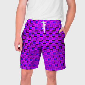 Мужские шорты 3D с принтом Фиолетовые квадраты на чёрном фоне в Новосибирске,  полиэстер 100% | прямой крой, два кармана без застежек по бокам. Мягкая трикотажная резинка на поясе, внутри которой широкие завязки. Длина чуть выше колен | 