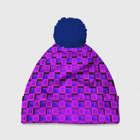 Шапка 3D c помпоном с принтом Фиолетовые квадраты на чёрном фоне в Новосибирске, 100% полиэстер | универсальный размер, печать по всей поверхности изделия | 