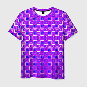 Мужская футболка 3D с принтом Фиолетовые квадраты на белом фоне в Екатеринбурге, 100% полиэфир | прямой крой, круглый вырез горловины, длина до линии бедер | 
