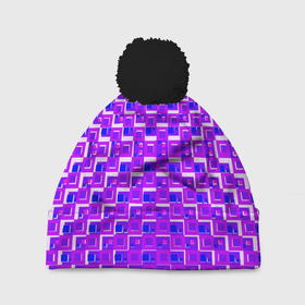 Шапка 3D c помпоном с принтом Фиолетовые квадраты на белом фоне в Екатеринбурге, 100% полиэстер | универсальный размер, печать по всей поверхности изделия | Тематика изображения на принте: 