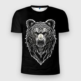 Мужская футболка 3D Slim с принтом Медведь в славянском стиле в Курске, 100% полиэстер с улучшенными характеристиками | приталенный силуэт, круглая горловина, широкие плечи, сужается к линии бедра | 