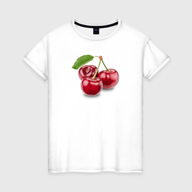 Женская футболка хлопок с принтом Три вишенки в Екатеринбурге, 100% хлопок | прямой крой, круглый вырез горловины, длина до линии бедер, слегка спущенное плечо | 