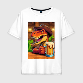Мужская футболка хлопок Oversize с принтом Динозавр с кружкой пива в Санкт-Петербурге, 100% хлопок | свободный крой, круглый ворот, “спинка” длиннее передней части | 