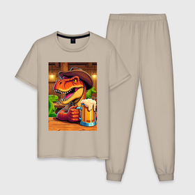 Мужская пижама хлопок с принтом Динозавр с кружкой пива в Тюмени, 100% хлопок | брюки и футболка прямого кроя, без карманов, на брюках мягкая резинка на поясе и по низу штанин
 | 