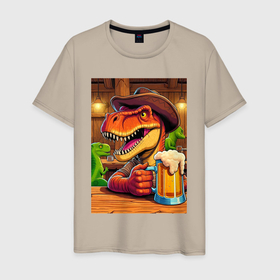 Мужская футболка хлопок с принтом Динозавр с кружкой пива в Белгороде, 100% хлопок | прямой крой, круглый вырез горловины, длина до линии бедер, слегка спущенное плечо. | 