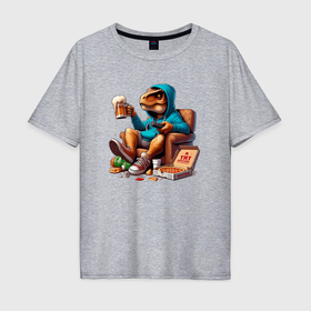Мужская футболка хлопок Oversize с принтом Чувак динозавр оттягивается в кресле с пивасиком и пиццей в Екатеринбурге, 100% хлопок | свободный крой, круглый ворот, “спинка” длиннее передней части | 
